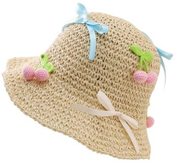 YMYL Chapeau de soleil à large bord pour femme - Chapeau de plage pliable - Chapeau de paille souple avec nœud chic et décoration cerise pour voyage, vacances, extérieur - Beige, beige, M/L