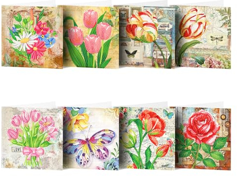 HNLMZ 5D DIY Diamond Painting Karten, 8 Stück Strass Handwerk Grußkarte,Diamant Painting Malerei Geschenkkarte Feiertags Dankeschön Handgefertigte Grußkarten für Familie, Freunde, Liebhaber