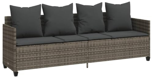 Makastle 4-Sitzer Sofa mit Kissen, Garten Schlafsofa Gartenliege Outdoor Sofa Couch Liege Sonnenliege Terrassenliege, Verstellbare Rückenlehne, Grau Poly Rattan