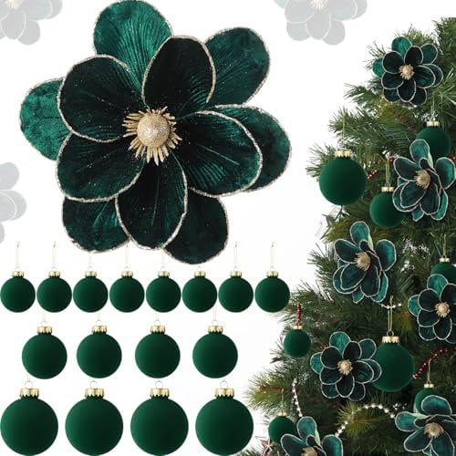 Outus 24-teiliges Samt-Weihnachtsbaumschmuck-Set mit 8 Weihnachtssternen, künstlicher Glitzer, Magnolienblume mit Stiel, 16 Weihnachtskugeln für Weihnachten, Urlaub, Party, Hochzeit, Dekoration (grün)