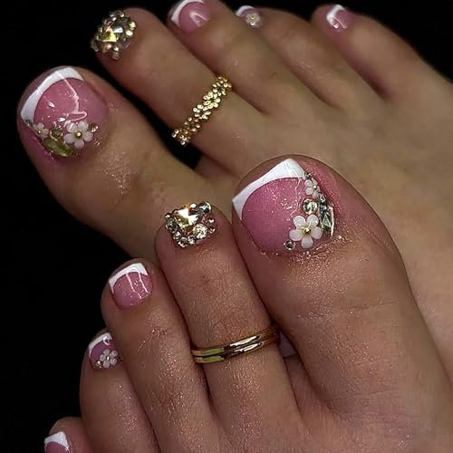 LunarCharm Lot de 24 faux ongles courts carrés à presser en acrylique avec motif floral en strass, pour manucure française