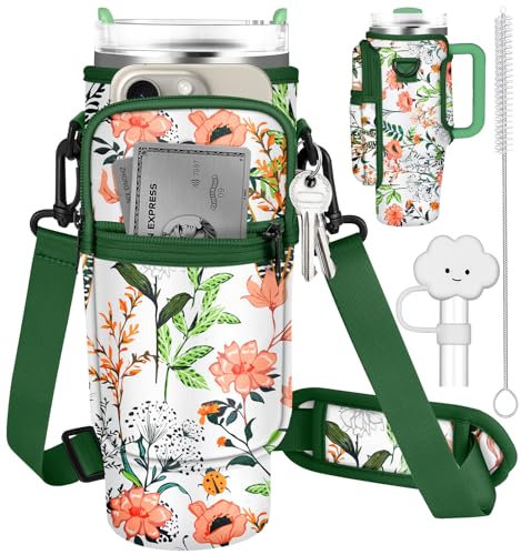 Water Bottle Holder Carrier Bag for Stanley Cup 40 oz Water Bottle Sling Pouch with Adjustable Shoulder Strap Phone Pocket Clouds Straw Cover Cleaner Brush for Walking Travel Hiking Gym(Green Flower)