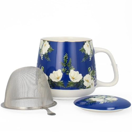 LIVELLO Porzellan Teetasse mit Metall-Teesieb 500 ml Eleganter Teebecher mit Deckel Porzellan Tasse für losen Tee Küchenzubehör Geschenkidee Tee Kaffee großer Becher stilvolles Design Blau