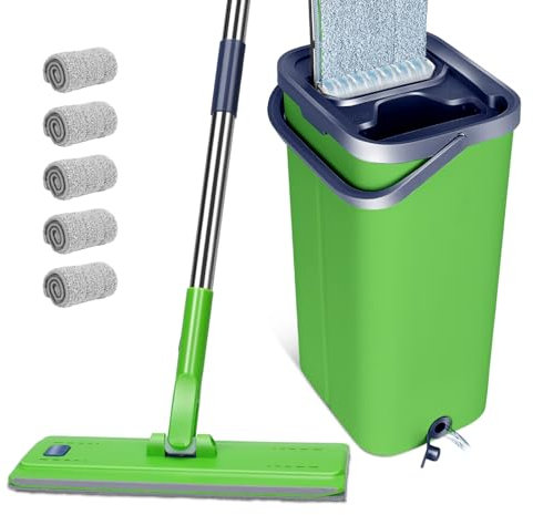 Mop and Buckets Sets, Masthome Mop and Bucket with 138cm Stainless Steel Handle,Hands Free Squeeze Mops with 360 Rotating Head for Laminate, Tile, Hardwood Floors,5PCS Mops Pads