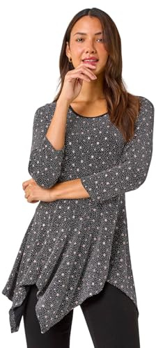 Roman Originals Women Asymmetric Top Ladies Hanky Hem Blouse Stretchy Tunic Occasion Smart Casual Summer Sprint Winter Autumn Cocktail Party Evening 3/4 Short Sleeve - Rose Black - Size 18