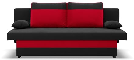 Mebligo - Sofa 3-Sitzer NOLA mit Schlaffunktion und Bettkasten, Schaum, schwarz + rot