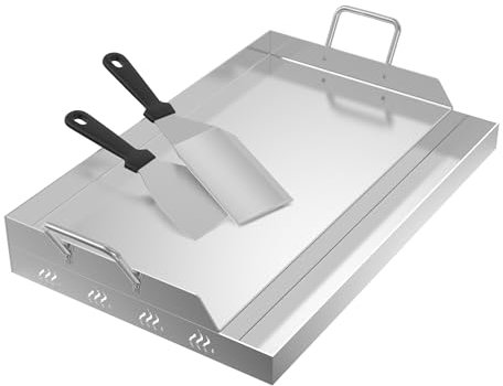 FIVMEN Plancha - Plaque de cuisson universelle en acier inoxydable - 54 x 32 cm - Avec 2 spatules - Plaque de cuisson en acier inoxydable - Pour barbecue, barbecue à gaz, charbon de bois - Avec 2