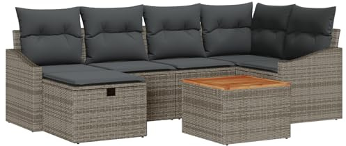 vidaXL 7-teiliges Garten-Sofa-Set mit grauen Kissen aus Poly-Rattan, modulares Outdoor-Sitzmöbel, schicke Terrasse, Lounge-Arrangement, Alfresco-Design