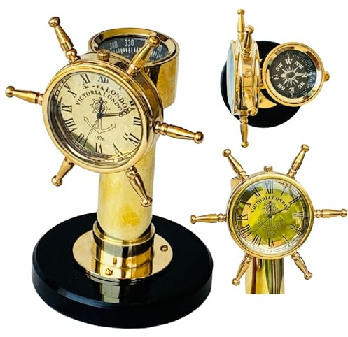 Ship Wheel Decorative Shipwheel CompassClock - Handmade Brass Tabletop Desk Decor Gift