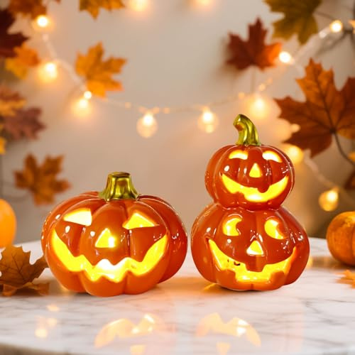 Herbstdeko Kürbis Laterne aus Keramik, 2 Stück Halloween Deko Kürbis mit Gesicht, Helloween Kürbis Lampe, Herbst Deko Innen Kürbis Laterne Beleuchtet für Erntedankfest Halloween Herbstdeko (A)