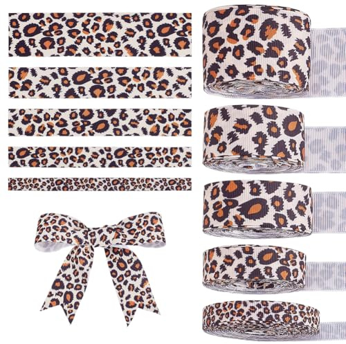 FINGERINSPIRE 22.85 m Band Mit Leopardenmuster 5 Stile Dschungel Bastelband 10/16/22/25/38mm Breit Ripsband Mit Tiermuster Sommer Tropen Hawaii Band Für Kranz Schleife Geschenkpapier Party Dekoration