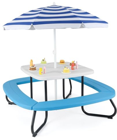 SOARS Picknick-Set für Kinder mit verstellbarem Sonnenschirm, Bänke für Kinder mit 8 Plätzen aus HDPE und Metall mit Sonnenschutz, Tisch und Bänken für Garten, Park und Strand (Marineblau)