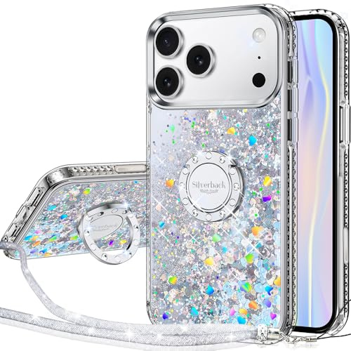 Silverback für iPhone 17 ProMax Hülle mit Band, Mädchen Glitzer Handyhülle mit Ring, Silikon Flüssigkeit Treibsand Handykette Schutzhülle für iPhone 17 ProMax Case - Silber