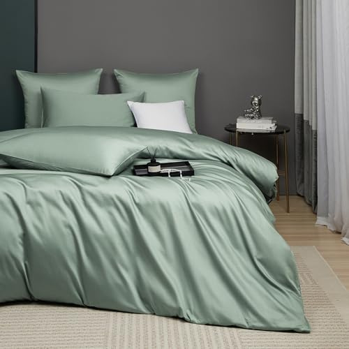 Luofanfei Bettwäsche 135x200 Baumwolle Grün Salbeigrün Kühlend Mako Satin | Glatt Luxus Muster Atmungsaktiv Sommer Bettwäscheset Weich und Bügelfrei Uni Bettbezug Einzelbett und Kissenbezug 80x80 cm