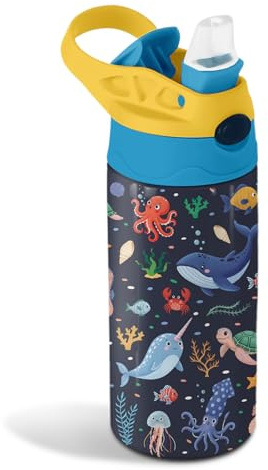 12oz Sea Water Bottle Kids - Under The Sea Water Bottle with Straw Lid, BPA-Free, Leak-Proof, Double-Wall Stainless Steel Insulated Kids Waters Bottles for School, Gift Cup for Sea World Lover