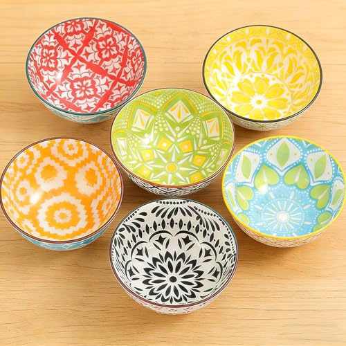 Alayphnic Ceramic Bowl Set Small Bowls, Rice Bowl with Gift Box, Bohemian Style Pottery Bowls for Rice,Soup,Dessert,Ice Cream,Snacks & Side Dishes, Microwave & Dishwasher Safe, 10oz/300ml, Set of 6