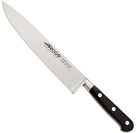 Arcos Serie Lyon - Cuchillo Chef | Cuchillo Cocinero - Hoja de Acero Inoxidable Forjado NITRUM de 200 mm - Mango de Polioximetileno (POM) - Color Negro