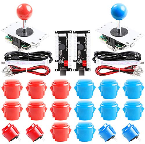 Reyann 2 Player Arcade Game DIY Parts USB PC Joystick pour 2 x Retard zéro USB Encoder + 2 x 5 Pin 8 Way Joystick + 20 x Bouton poussoir Couleur Bleu + Rouge Kits Support Tous Windows System MAME jeu , Raspberry Pi DIY