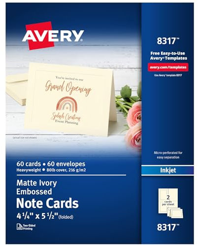 Avery Bedruckbare Notizkarten mit Umschlägen, 10,8 x 14 cm, elfenbeinfarben mit geprägtem Rand, 60 Blanko-Notizkarten für Tintenstrahldrucker (08317)