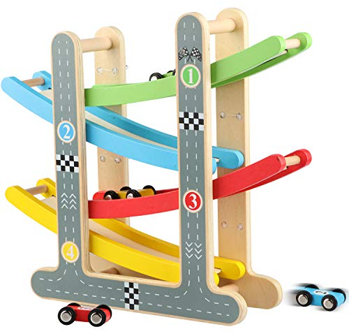 Jacootoys Piste de Course en Bois Rampe Racer avec 4 Mini Voitures Jouets pour Tout-Petits de 1 à 2 Ans Garçons Fille Cadeaux