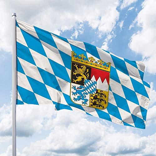 Bayern Flagge – 250 x 150 cm für Fahnenmast, Bayern Fahne mit Wappen & Raute, Hissflagge aus reißfestem Fahnen-Polyester-Stoff, wetterfest und UV-beständig