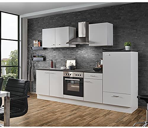 Lomadox Küche mit E-Geräten 270cm Küchenzeile in Weiss Küchenblock Einbauküche Singleküche 2,7m