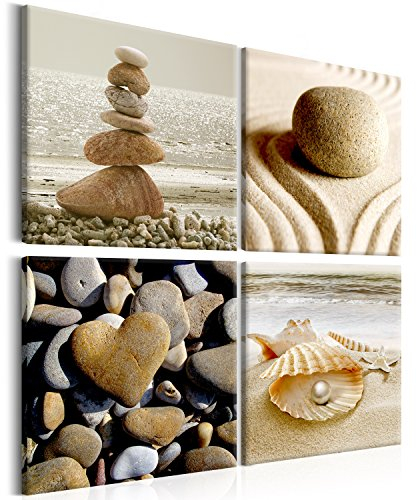 B&D XXL - Wandbilder Set Strand 60x60 cm 4 Teilig je 30x30 Vlies Leinwandbild Kunstdruck modern Wandbilder XXL Wanddekoration Design Wand Bild mehrteilig - Meer Wasser Muscheln Zen beige