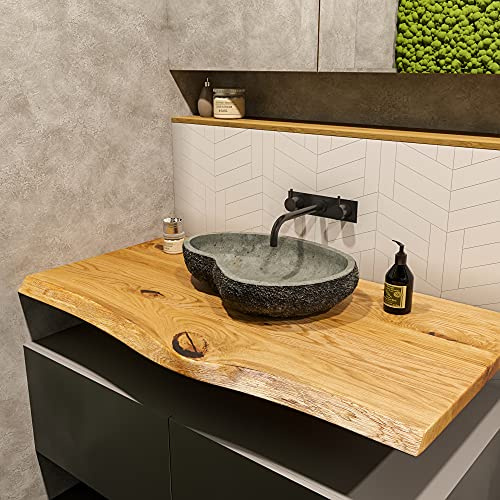 BestLoft Waschtischplatte (Länge: 115 cm/Breite: 45-50 cm) Waschtisch Eiche massiv 40 mm dick mit Baumkante - rustikale Waschtischkonsole