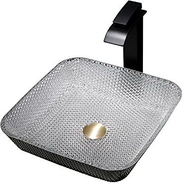 SHUGUANG Glas Waschbecken, Aufsatzwaschbecken Glas Aufsatz Quadrat Waschschale Waschtisch, Waschbecken Waschschale, Handwaschbecken mit Schwarz Wasserfall Wasserhahn, 405×405×105mm,Silber