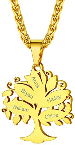 GoldChic Pendentif Arbre de Vie Femme 5 Prénom Or Collier Genealogique Gravure a Personnaliser Bff Chaine Spiga 55cm Acier Inoxydable Bijoux Cadeau Noël Fête des Mères Mariage Valentin