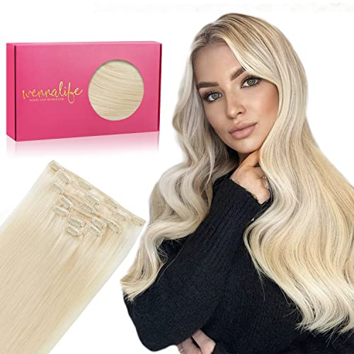 WENNALIFE Clip in Extensions Echthaar, 70g 7pcs 38cm Helles Platinblond Echthaar Extensions Clip in Remy Clip in Extensions Natürliche Haarverlängerung Echthaar