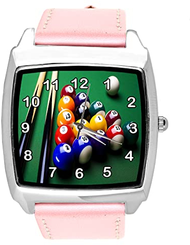 Quadratische Armbanduhr für Poolspiel-Fans, Leder, Pink