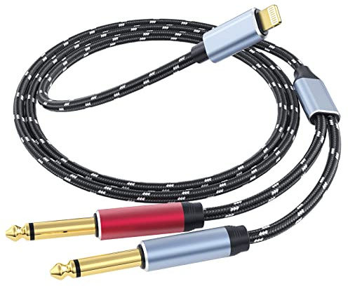 DCNETWORK Lightning auf Dual 6,35mm TS Audio Y-Kabel, Stereo Splitter für iPhone 12/11/X/XS/XR/8/7/iPad, 2× 1/4 Zoll Audiokabel zu Lautsprecher, Verstärker, Kopfhörer, Mischpult – 2M