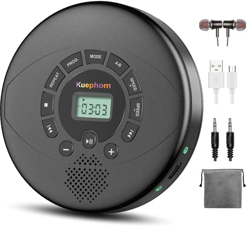 Kuephom Portable CD Player with Speaker & Headphones, Black | Rechargeable Discman, Anti-skip Protection, Adjustable Speed, USB/MP3 Compatible, For Car & Personal Use