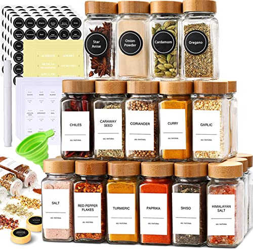 24er Set Gewürzgläser aus Glas mit verschiedenen Etiketten, Bambusstreuer-Deckel & Trichter, Vorratsdosen für Küche mit luftdichtem Deckel, Gewürze & Gewürz-Sets Organizer, Gewürzbehälter, Glasdose