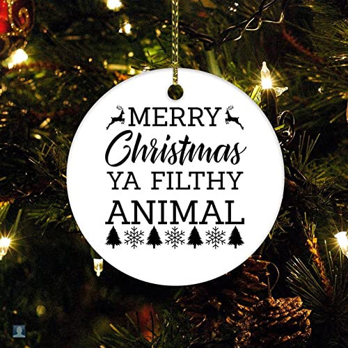 Adorno de cerámica de Navidad con texto en inglés Merry Christmas Ya Filthy Animal, regalo inspirador de Navidad, adorno para árbol de Navidad
