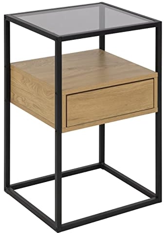 AC Design Furniture Radek quadratischer Nachttisch mit einer Schublade, zwei Ablagen, Glasplatte und Holzschublade, schwarzer Metallrahmen mit leicht zugänglicher Schublade, vielseitiger Nachttisch, H: 60 x B: 40 x T: 35 cm