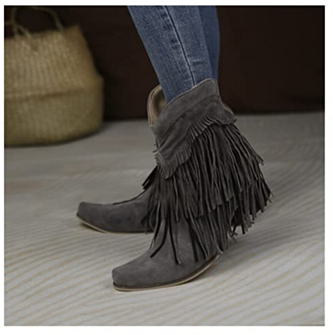 Stivali Da Donna Con Tacco Primaverili Stivaletti Cowboy Retrò Western Con Frange Booties In Camoscio A Punta Slip Su Stivaletti Ankle Boots Da Donna for Il Tempo Libero ( Color : Gray , Size : 39 EU