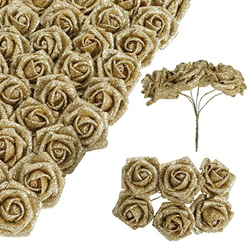 INSUNSIX Rose dorate artificiali, 60 rose dorate glitterate dorate, 4 cm, rose dorate con steli, per feste di nozze fai da te, bouquet da sposa, centrotavola (oro)