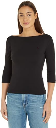 Tommy Hilfiger Women's Long Sleeve Slim Fit Boat Neck Top, Black (Black), S