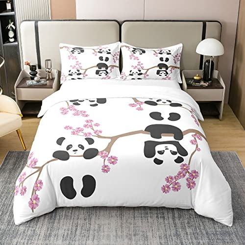 Kinder Panda 100% Bio Baumwolle Bettbezug Kirschblüten Tröster Bezug 155x220 Nette Tier Bettwäsche Set für Jungen Teens Blume Zweige Cartoon Stil Steppdeckenbezug mit Reißverschluss