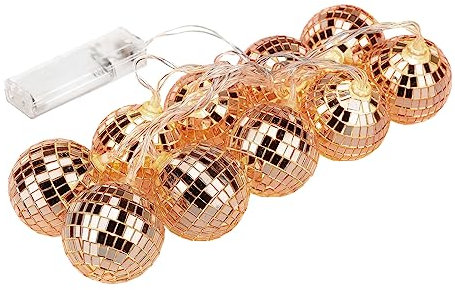 LED Disco Ball Mirror String Lights,10 Bright Reflective Silver Mirror Ball with White Lights, Battery Operated Reflective Silver Mirror Ball with White Lights for Xmas Tree Holiday(rose gold 4cm)
