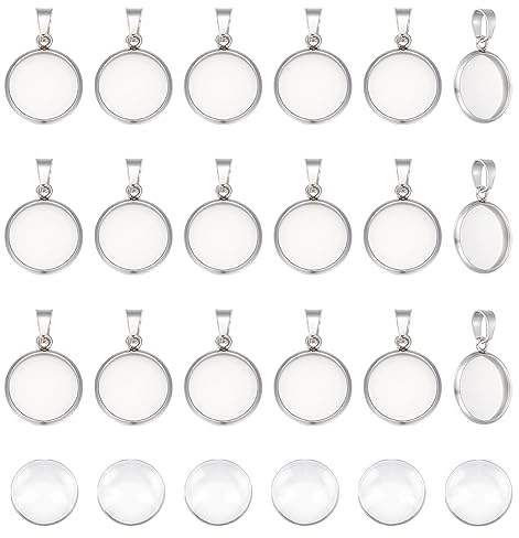 UNICRAFTALE 50 Sets Blank Dome Cabochon Pendants 304 Stainless Steel Round Cabochon Necklace Charms with Pinch Bails 12mm Blanks Bezel Pendant Trays with Glass Cabochon for DIY Jewelry Making