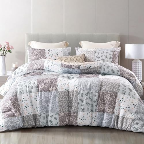 Whale Flotilla Bettdecke 200x200 cm 3 teilig Steppdecke | Atmungsaktive und Weiche Schlafdecke mit 2 Kissenbezügen, für 4 Jahreszeiten, Grau Karo