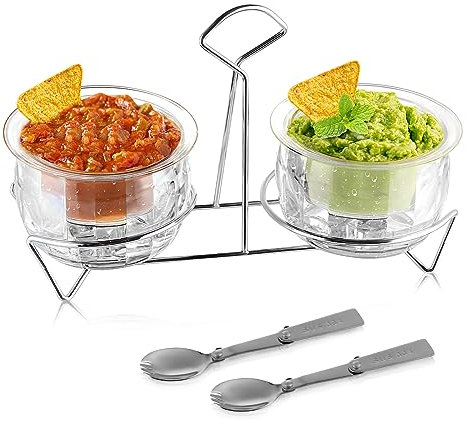 MOLIGOU Ice Chilled Dip Bowl with Metal Stand, 16oz Dip Bowl on Ice, Chilled Serving Bowl for Parties with Stainless Steel Spork