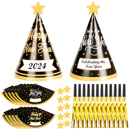 HONMOK 24 Stück Silvester Partyhüte 2025 Neujahr Hüte Schwarz Gold Frohes Neues Jahr Hüte mit Partytröten Silvester Accessoires Happy New Year Foto Requisiten für Erwachsene Kinder Neujahr Party