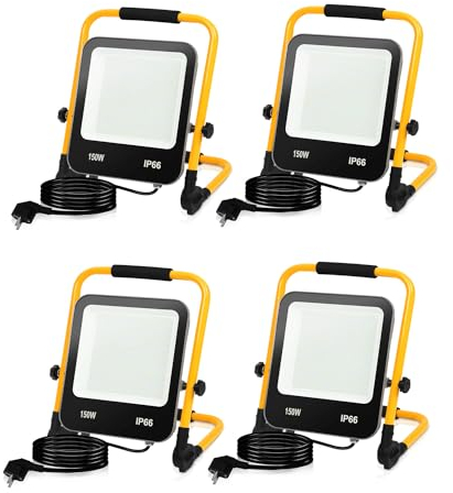 Randaco LED Baustrahler, 4x150W 12000LM Tragbar LED Arbeitsleuchte Baustrahler 6000K Kaltweiß Bauscheinwerfer, IP66 Wasserdicht mit 3M Kabel und Faltbarer Ständer, für Baustelle (mit Stecker)