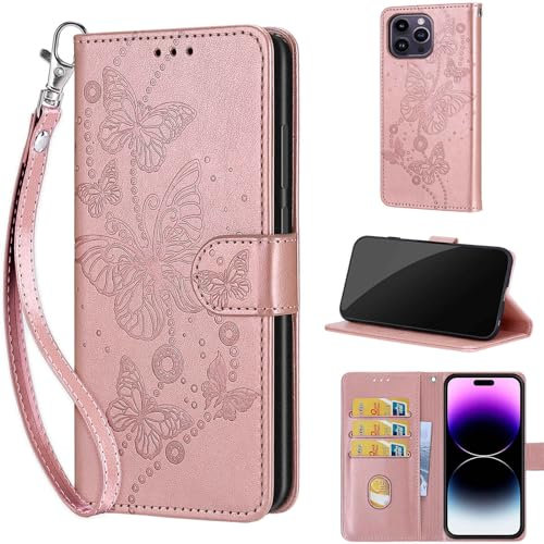 for iPhone 14 Pro Max Case 6.7-Inch, Embossed Premium PU Leather Folio Flip Notebook Wallet Cover Compatible with iPhone 14 Pro Max Phone Case [Kickstand][Card Slots], Rose Gold Butterfly
