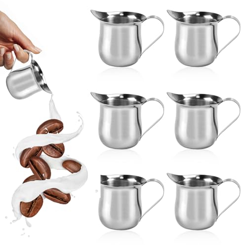SLTAXAR Mini Jarra de Leche, 6 Piezas Lechera Acero Inoxidable Pequeña 3OZ/90ML Jarra de Leche de Acero Inoxidable con asa Mini Lechera de Acero Inoxidable para Capuchino Espresso Latte Art