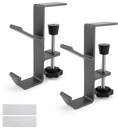 HERKINDNESS Table Bag Hooks (Set of 2) – Adjustable Handbag Hangers, Grey Aluminium Alloy, Lightweight & Durable, for Office Desks, Study Tables, Computer Tables (7.5mm to 55mm Thickness)